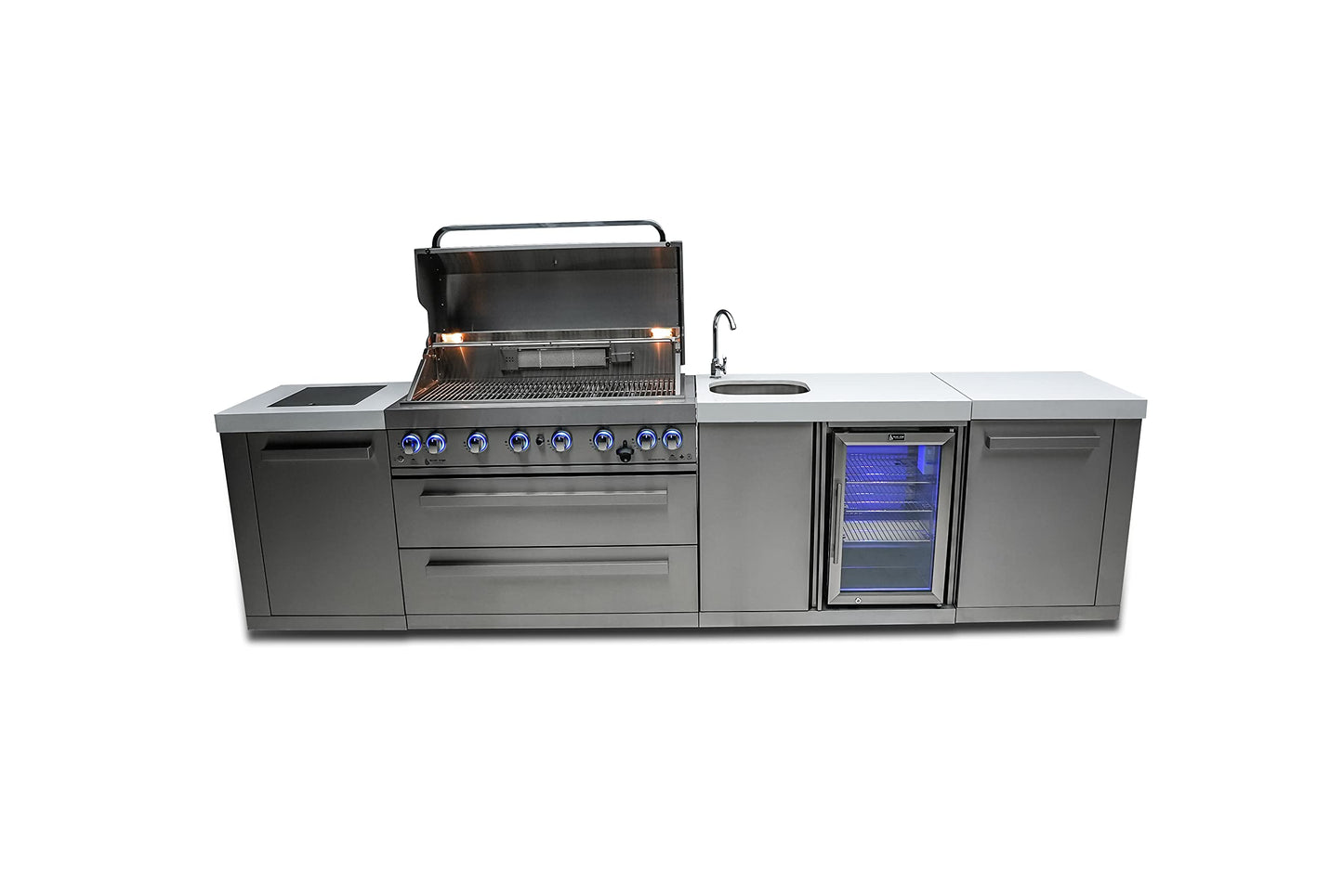 Mont Alpi MAi805-BEV 44-inch 6-Burner 115000 BTU Stainless Steel Outdoor Kitchen Bar Gas Barbecue Island Grill + Wine Cooler Beverage Center Refrigerator + Granite Countertops & Infrared Side Burner