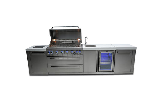 Mont Alpi MAi805-BEV 44-inch 6-Burner 115000 BTU Stainless Steel Outdoor Kitchen Bar Gas Barbecue Island Grill + Wine Cooler Beverage Center Refrigerator + Granite Countertops & Infrared Side Burner