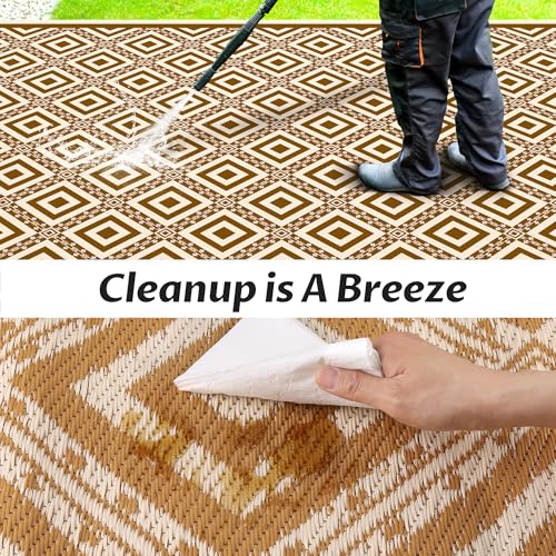 Pafolo Outdoor Rug Waterproof, 8'x10' Reversible Patio Rug with Lights, 4 Rug Stakes, Non Shedding, Easy Cleaning, Foldable Outside Mat for RV, Camping, Porch, Deck, Beach, Patio, Picnic, Brown&White