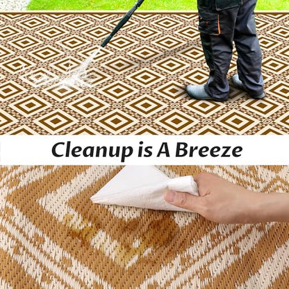 Pafolo Outdoor Rug Waterproof, 8'x10' Reversible Patio Rug with Lights, 4 Rug Stakes, Non Shedding, Easy Cleaning, Foldable Outside Mat for RV, Camping, Porch, Deck, Beach, Patio, Picnic, Brown&White