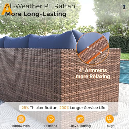 UDPATIO Furniture Set with Fire Pit Table, 8 Piece Sectional Sofas, All-Weather Wicker Conversation for Garden, Backyard, Navy Blue