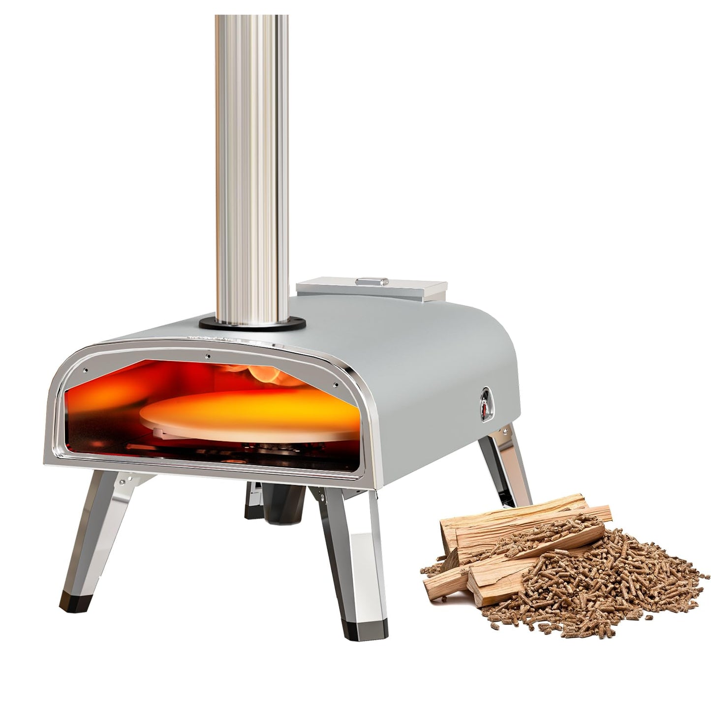 aidpiza Outdoor Pizza Oven 12" Wood Pellet Pizza ovens With Rotatable Round Pizza Stone Portable Wood Fired with Built-in Thermometer Pizza Stove for Outside Backyard Camping Picnics (Grey-revolving)