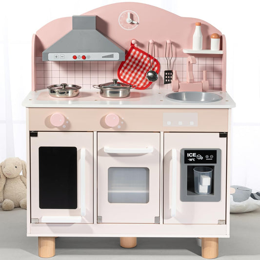 Bluewood Wooden Kids Kitchen Playset,Pretend Toy Kitchen for Toddlers Ages 3-8, with Lights, Sound, Oven, Ice Maker, Sink & Storage – Montessori Indoor Role Play Gift