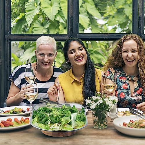 KITEISCAT Extra Large Glass Salad Bowl Set - Party Salad Bowls with Acacia Wood Base and Serving Utensils - Elegant and Practical Kitchen Must-Have