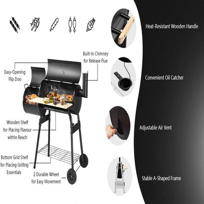 RENJJPBO Barrel Charcoal Grill with Offset Smoker, Wheels for Easy Rolling, and Table for Small Patio Backyards
