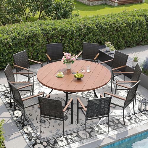 DIFY 11 Piece Patio Dining Set, Metal Outdoor Table and Chairs Set for 10, 60" Round Walnut Dining Table with Umbrella Hole & Wicker Stackable Patio Chairs, Patio Furniture Set for Garden Backyard
