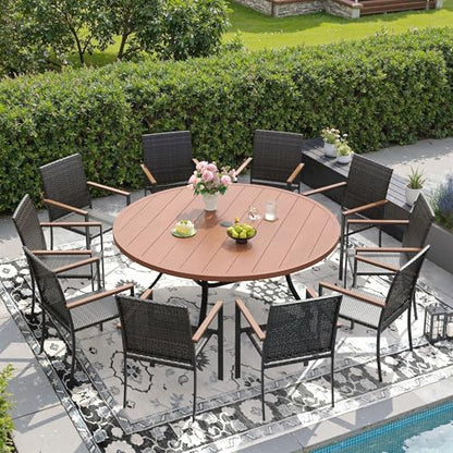 DIFY 11 Piece Patio Dining Set, Metal Outdoor Table and Chairs Set for 10, 60" Round Walnut Dining Table with Umbrella Hole & Wicker Stackable Patio Chairs, Patio Furniture Set for Garden Backyard