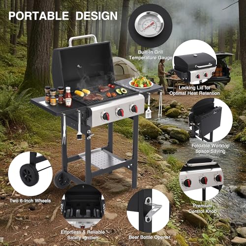 IdeaMaxx 3-Burner Propane Gas Grill with Cast Iron Grates, 38200 BTU output,Foldable Side Shelves for Portable Outdoor Patio Camping, Black (3 Burner)