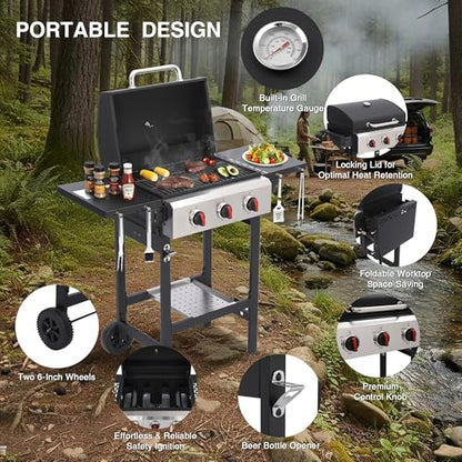 IdeaMaxx 3-Burner Propane Gas Grill with Cast Iron Grates, 38200 BTU output,Foldable Side Shelves for Portable Outdoor Patio Camping, Black (3 Burner)