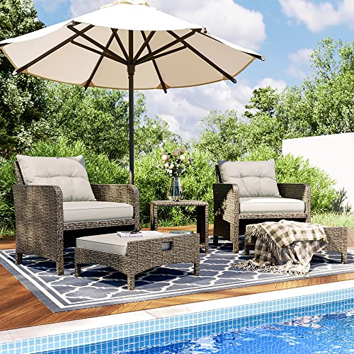 Pamapic Outdoor Furniture 5 Piece Patio Conversation Set, Wicker Rattan Patio Set with Soft Cushions & Coffee Table, Balcony Furniturefor with 2 Ottoman for Porch, Garden, Lawn (Grey)