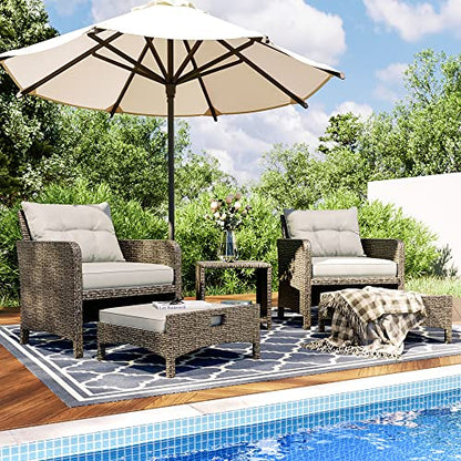 Pamapic Outdoor Furniture 5 Piece Patio Conversation Set, Wicker Rattan Patio Set with Soft Cushions & Coffee Table, Balcony Furniturefor with 2 Ottoman for Porch, Garden, Lawn (Grey)