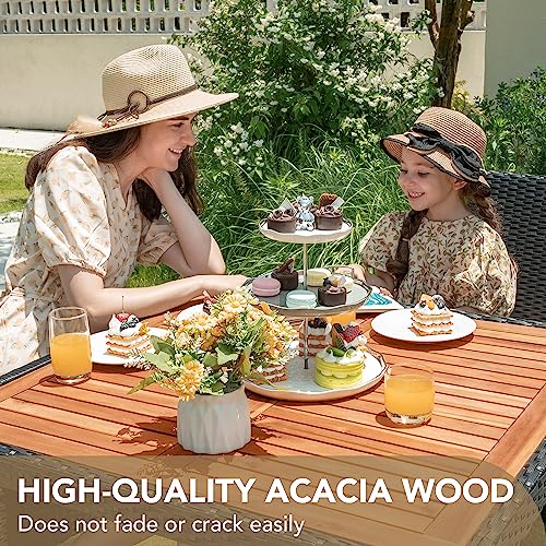 Devoko 5 PCS Furniture, Patio Conversation Set with Acacia Wood Top, Rattan Outdoor Dining Table and Chairs for Backyard, Garden, Deck, Black