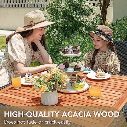 Devoko 5 PCS Furniture, Patio Conversation Set with Acacia Wood Top, Rattan Outdoor Dining Table and Chairs for Backyard, Garden, Deck, Black