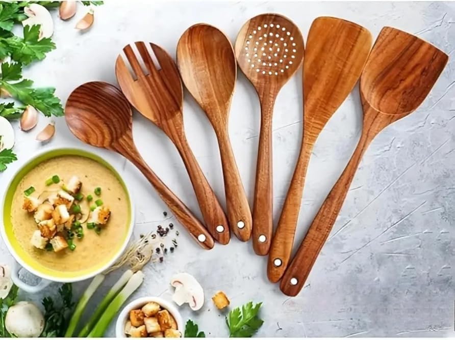 Vensure Wooden Spoons for Cooking 6 Pcs – Wooden Kitchen Utensils Set, Teak Wood Utensil Set – Comfortable Grip Non–Stick Wooden Cooking Utensil – Nonstick Natural and Healthy Kitchen Cookware