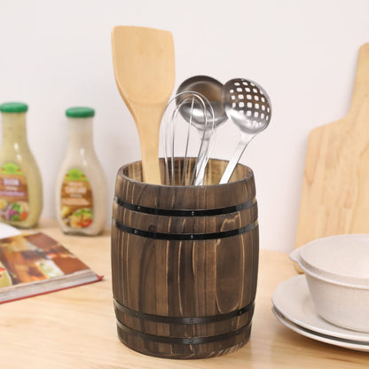 MyGift Wine Barrel Design Kitchen Utensil Crock, Vintage Rustic Burnt Wood Cooking Tool Holder