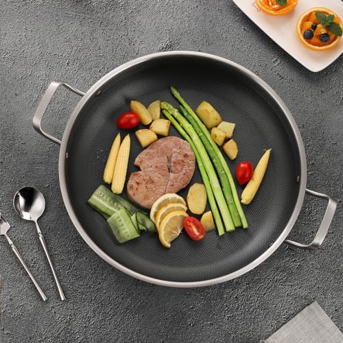 Yeksum Tri-Ply 14.5 Inch Stainless Steel Paella Pan,12 Servings Paella Pan with Lid,18/10 Nonstick Large Skillet,Jumbo Cooker,Induction Pan,Skillets,for Outdoors,Camping,Parties