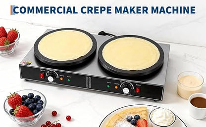 16 Inch Double Head Electric Crepe Maker – Commercial Non-Stick Flat Plate Griddle – Accurate Temperature Control & Gauge Lights – 3500W/1750W 110V – Perfect for Pancakes & Omelets