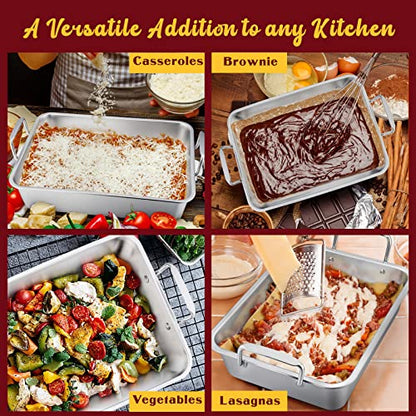 E-far 14 x 10.6 Inch Roasting Pan, Stainless Steel Turkey Roaster with V Rack & Baking Rack Set, Small Heavy Duty Deep Broiling Pan for Oven Cooking Lasagna Meat Chicken - Dishwasher Safe