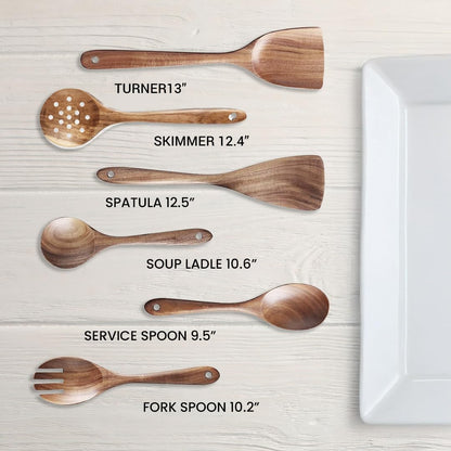 6 Piece Wooden Spoons for Cooking, Acacia Wood Kitchen Cooking Utensil Set for Nonstick Pans and Cookware | Wooden Spatulas & Spoons | Smooth Finish, Comfort Grip, Lightweight, Heat Resistant