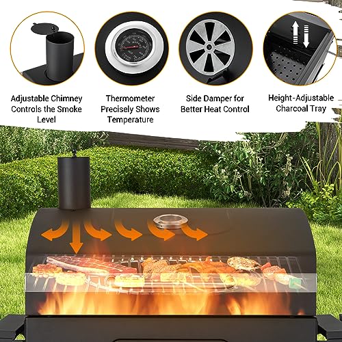 HAPPYGRILL Charcoal Grill, Heavy Duty Cooking Grill with 2 Foldable Side Tables, 8 Hooks, Storage Shelf, 2 Wheels, Flame Control, Outdoor BBQ Grill for Picnic Party Camping Backyard Patio