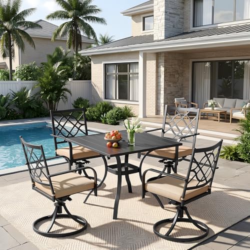 Patiomore 5 Piece Patio Dining Set Outdoor Furniture Set, Square Metal Patio Dining Table with Umbrella Hole & 4 Swivel Dining Chairs for Garden Lawn Yard