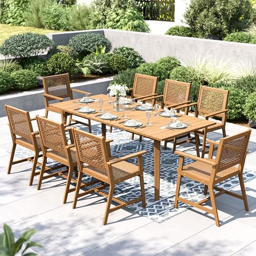 PHI VILLA Outdoor Dining Set, Acacia Wood Construction Teak 9 Piece