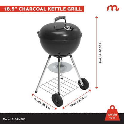 Megamaster Premium Charcoal Grill, 18" Heavy Duty Charcoal Kettle Grill, Outdoor Cooking, Camping Patio, Backyard, Tailgating, Black