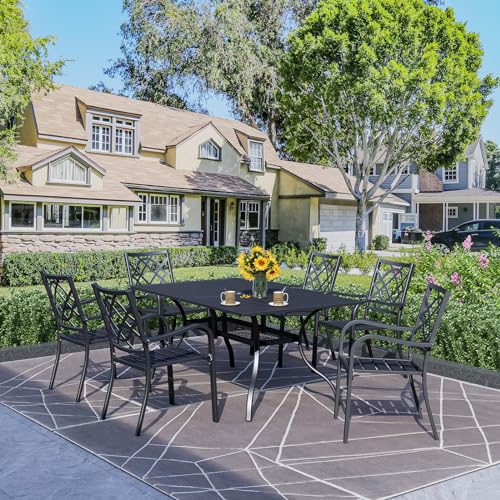 Omelaza 7 Pieces Patio Metal Furniture Outdoor Dining Set with 6 Stackable Bistro Chairs, and 60'' x 37'' Rectangle Table with Umbrella Hole (Black)