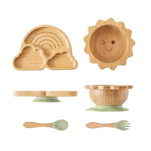 Bamboo Suction Plates Bowls Set for Baby Toddler Divided Platter Food bowl with Silicone Fork & Spoon All-Natural Baby Feeding Set for Baby-Led Weaning, Non-Slip Design