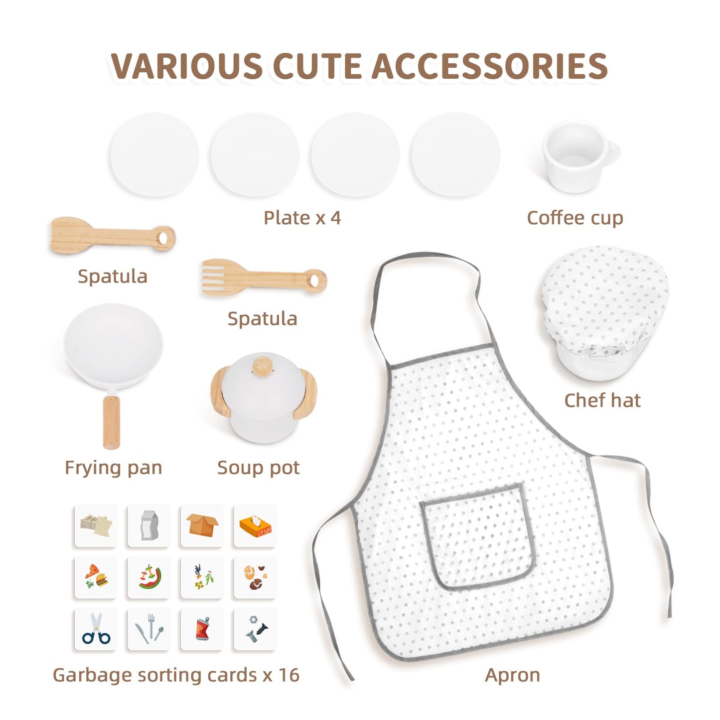 OOOK Kids Kitchen Playset with Garbage Classification, Wooden Pretend Play Kitchen with Sound and Light, Kitchen Set for Kids Equipped with Blackboard, Worldmap ect., Gift for Boys and Girls Aged 3+