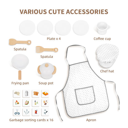 OOOK Kids Kitchen Playset with Garbage Classification, Wooden Pretend Play Kitchen with Sound and Light, Kitchen Set for Kids Equipped with Blackboard, Worldmap ect., Gift for Boys and Girls Aged 3+