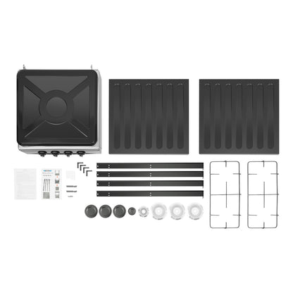 4-Burner Propane Gas Stove, 34120 BTU Output for Patio Garden Barbecue Grilling, Free Standing 2-Tier Storage Rack for Apartments, Outdoor, Rvs, Black