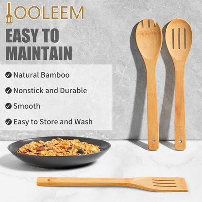 IOOLEEM Bamboo Wooden Spoons for Cooking 6 Pcs 12 Inch, Non-Stick Wooden Kitchen Utensils Set, Natural and Durable Wooden Spatula Spoons for Non-Stick Pan for Cooking