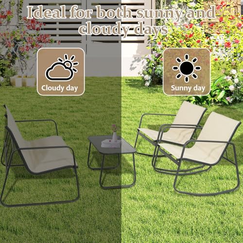 Xalmierre 4-Piece Patio Furniture Set, Outdoor Textilene Conversation Set with Rocking Chairs & Loveseat, with Coffee Table for Garden, Balcony, Poolside（Khaki）