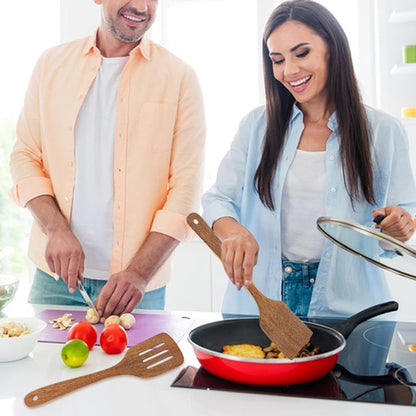 2 Pack Wooden Spatula, Solid Turner & Slotted Spatula Set for Nonstick Pans, Wood Long Handle Flat Frying Turner, Wood Spatulas for Cooking, Frying, Baking