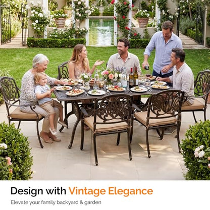 VINGLI 7 Pieces Outdoor Dining Set, Cast Aluminium All-Weather Patio Dining Set for 6 with Umbrella Hole, Outdoor Dining Table and Chairs with Cushion for Yard, Garden, Porch and Poolside, Bronze
