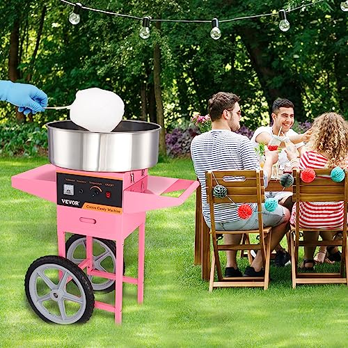 VEVOR Electric Cotton Candy Machine Cart, 1000W Commercial Floss Maker w/Stainless Steel Bowl, Sugar Scoop and Drawer, Perfect for Home, Carnival, Kids Birthday, Family Party, Pink