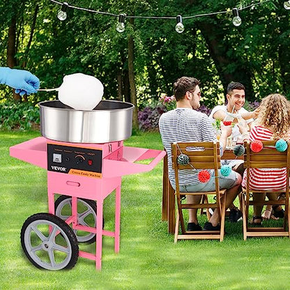 VEVOR Electric Cotton Candy Machine Cart, 1000W Commercial Floss Maker w/Stainless Steel Bowl, Sugar Scoop and Drawer, Perfect for Home, Carnival, Kids Birthday, Family Party, Pink
