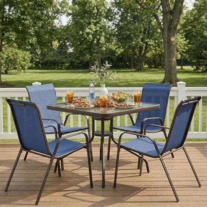 Arlopu 5 Piece Outdoor Patio Dining Set (Umbrella not Included), Porch Furniture with 4 Textline Chairs, 1 Square Glass Table for Garden, Backyard and Poolside, Lawn (Navy Blue)