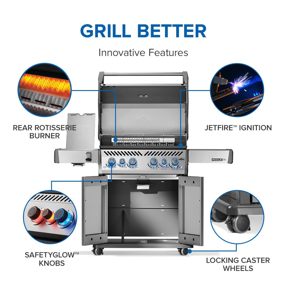 Napoleon Rogue PRO-S 525 Propane Gas Grill with Infrared Side and Rear Burners, Stainless Steel, Durable 6-Burner BBQ