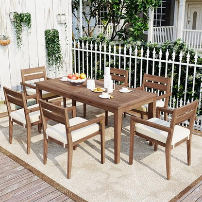 Hlcodca 7 Piece Patio Dining Table Set with Removable Cushion, Outdoor Acacia Wood Furniture Set for Garden, Backyard, Lawn, Poolside (A-Burly Wood)