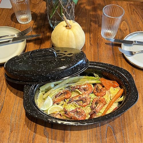 13” Enamel Roaster With Lid Oval Roasting Pan For Oven,Turkey Roaster Pot Broiler Pan Chicken Vegetables Suitable For Dining With Two People High Cookware Small Baking Pan