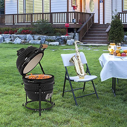 13" Portable Round Ceramic Charcoal Grill,Outdoor Barbecue Smoker,Heavy Duty Outdoor BBQ Grill,Vertical Camping Barbecue Grill,with Built-in Thermometer,for Garden Patio Beach Backyard (Black)