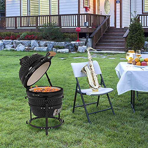 SWLJKU 13" Round Ceramic Kamado Charcoal Grill - Heavy-Duty Black Outdoor BBQ Smoker with Heat Retention, Portable Egg Design for Grilling, Smoking, Baking & Roasting (Includes Ash Tool)