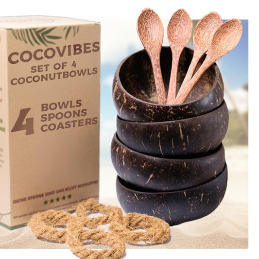 cocovibes 4 Handcrafted Wooden Bowls for Food Coconut Bowl Set with Spoons & Anti-Tip Coconut Rings perfect for Smoothie Bowls, Yogurt or Cereals