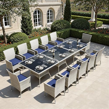 Sweecci Outdoor Dining Set, 15-Piece Patio Furniture Set with Tempered Glass Table and 12 Cushioned Chairs, Dual-Strand Wicker Rattan, Balcony Furniture for Backyard, Garden, Deck,– Navy Blue