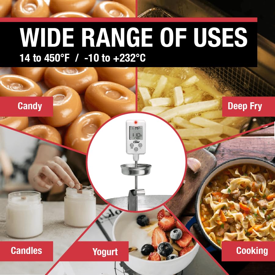 CDN Digital Candy Thermometer Long 8'' Stainless Steel Stem, Adjustable Pot Clip, Preset Candy Stages with Audio/Visual Alerts, Instant Read For Cooking, Deep Frying & Oil - DTC450
