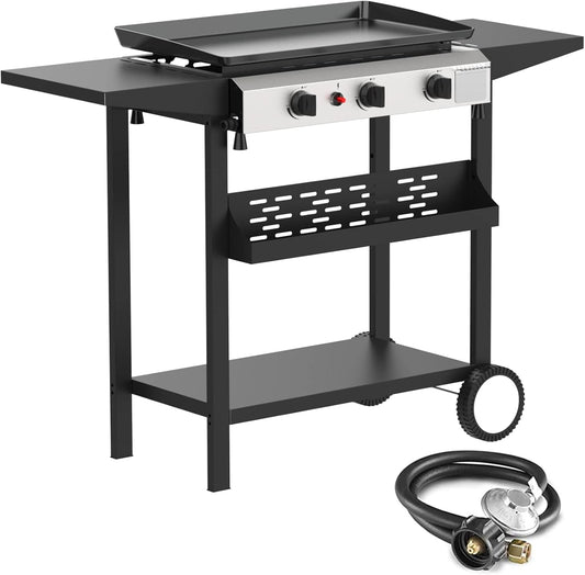ADREAK 3 Burner BBQ Gas Griddle, 25.6 Inch Stainless Steel Portable Detachable Propane Griddle, 30,000 BTU Flat Top Barbecue Grill with Side Shelves for Camping