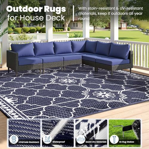 Lighted Outdoor Rug 8x10 ft, Solar Powered Patio Rug with 113 LED Lights, Waterproof Plastic Reversible Outdoor Straw Rugs, Rugs Mat for House Deck RV Camping Patio Beach Balcony Picnic (Blue White)