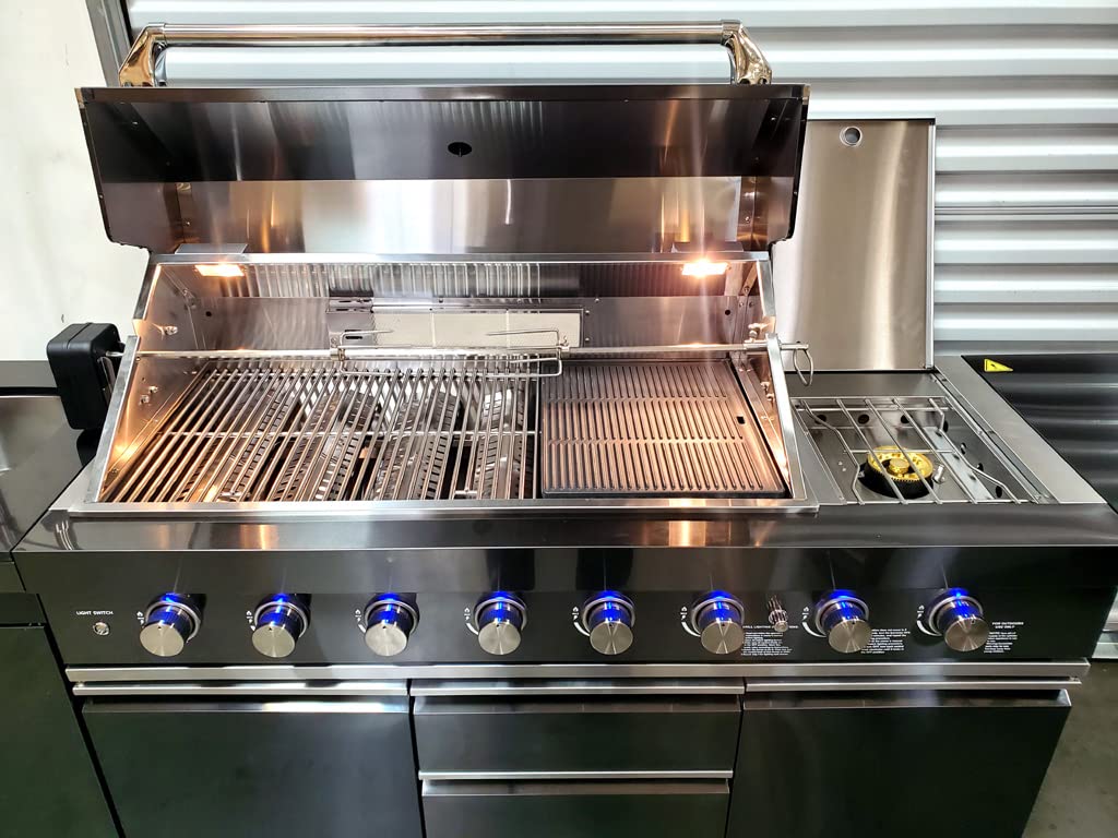 3 Piece Pizza Oven + Black Stainless Steel 6 Burner Black Marble Top Modular Island BBQ Outdoor Electric Propane Grill Kitchen with Fridge, Sink, Side Burner, LED Lights on Knobs, and Grill Cover